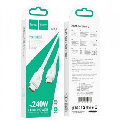 Baltas USB kabelis Hoco X93 240W USB-C to USB-C 2.0m pakuotėje su žalios ir baltos spalvos dizainu