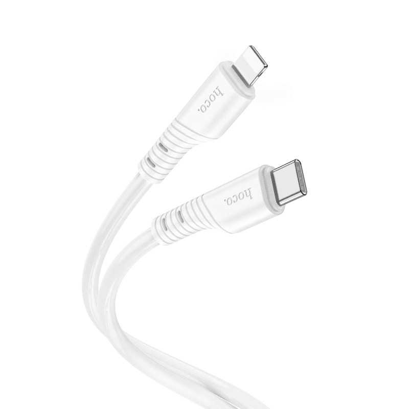 Baltas USB kabelis Hoco X97 USB-C to Lightning 1.0m Baltas USB kabelis Hoco X97 USB-C į Lightning, 1.0 m ilgio, su aiškia baltos spalvos izoliacija