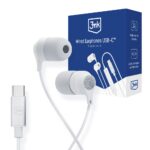 Baltos ausinės 3mk Wired Earphones USB-C su laidiniu jungtimi ir silikoninėmis antgaliuose