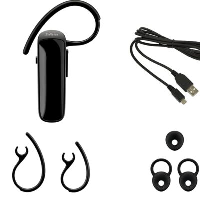 Belaidė laisvų rankų įranga Jabra Talk 25 SE su juodais ausies kabliukais, USB įkrovimo kabeliu ir silikono ausų pagalvėlėmis