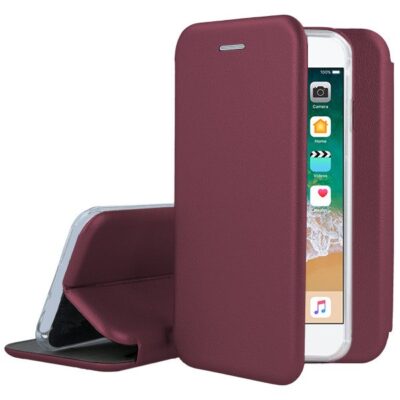 Bordo atverčiamas dėklas Apple iPhone 6 6S Book Elegance rodomas atidarytas ir uždarytas