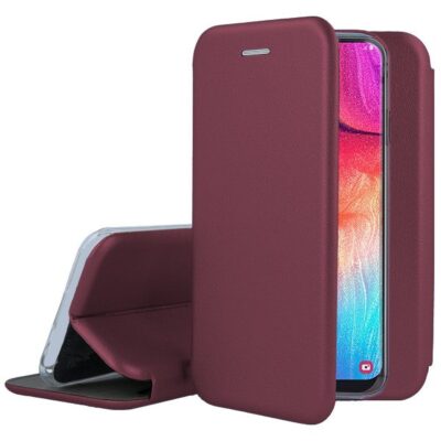 Bordo spalvos atverčiamas dėklas Samsung Galaxy A505 A50 atidarytas ir uždarytas