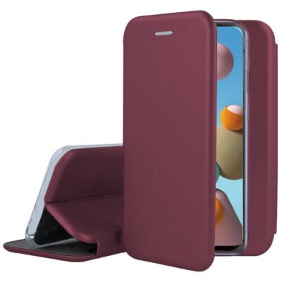Bordo spalvos atverciams dekla samsung galaxy a217 a21s book elegance is antru kampu atvertas ir matoma telefono ekrano dalis