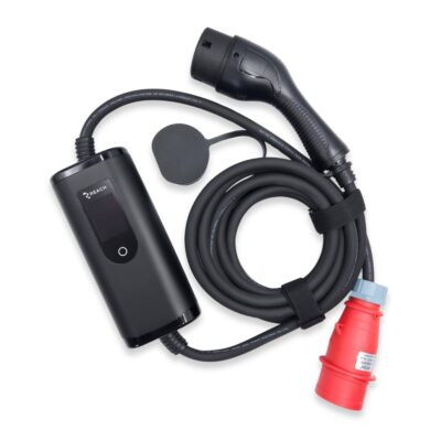 Elektromobilių įkroviklis Reach PEVC5 su juodu kabeliu ir raudona jungtimi