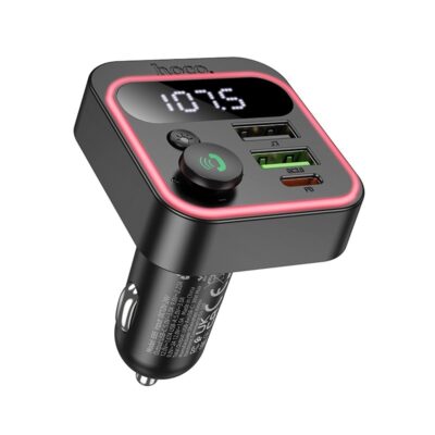 FM bangų moduliatorius Hoco E85 PD20W+QC3.0 su juodu kvadrato formos korpusu ir rožiniu apvadu