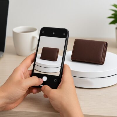 fotografijos platforma reach photo 360 naudojama fotografuoti rudą odinę piniginę ant baltos sukamos platformos