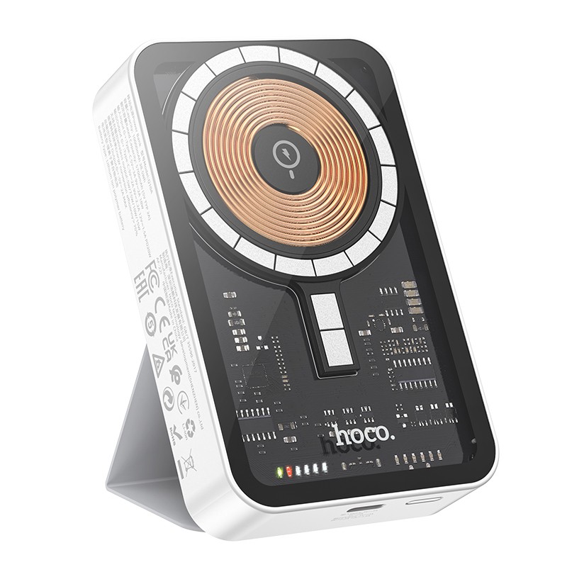 Išorinė baterija Power Bank Hoco Q10A Magnetic PD20W Išorinė baterija Power Bank Hoco Q10A Magnetic PD20W 10000mAh su baltu korpusu ir matomu elektroniniu komponentu