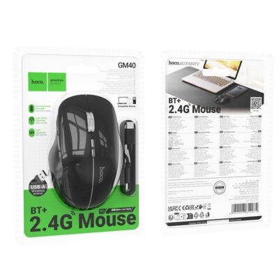 Juoda belaidė pelė Hoco GM40 RGB su USB-A imtuvu ir 2.4G ryšiu pakuotėje.