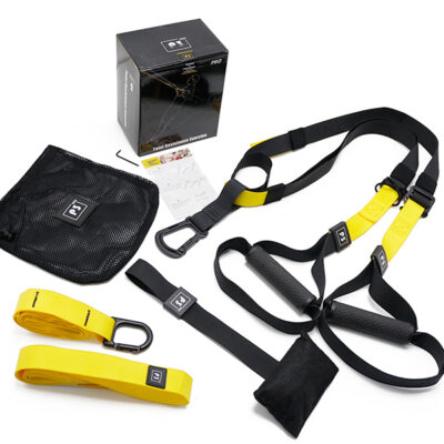 Juoda-geltona treniruočių diržų rinkinys Pro 3 FA008 su juodos ir geltonos spalvos diržais, rankenomis ir priedais