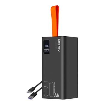 Juoda išorinė baterija OBALME EnergyPulse Powerbank 50000mAh 22.5W su oranžine kilpa ir USB laidais