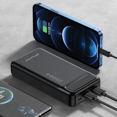 Juoda išorinė baterija Power Bank Awei P6K 20000mAh kraunanti mobiliuosius įrenginius laidais.