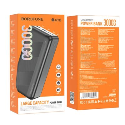 Juoda išorinė baterija Power Bank Borofone BJ27B 2xUSB 30000mAh matoma pakuotėje ryškiai oranžinės spalvos fonu