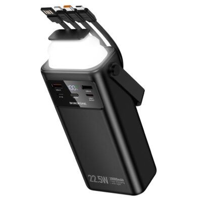 Juoda išorinė baterija Power Bank Borofone BJ65 su keturiomis įkrovimo jungtimis ir LED apšvietimu