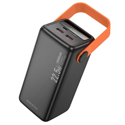 Juoda išorinė baterija Power Bank Borofone BJ66A 22.5W su 50000mAh talpa ir oranžine rankena