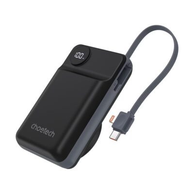 Juoda išorinė baterija Power Bank Choetech B696 su integruotu įkrovimo kabeliu ir skaitmeniniu likusio įkrovos procento ekranu