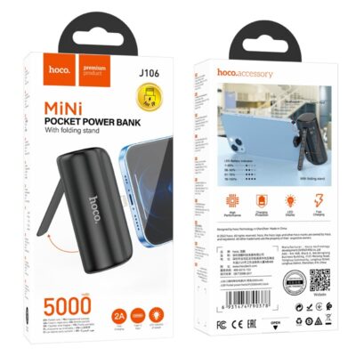 Juoda Mini Pocket Power Bank Hoco J106 su 5000mAh baterija ir išskleidžiamu stovu