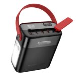 Juoda išorinė baterija Power Bank Hoco J143 su raudonu rankenėle ir USB jungtimis viršuje