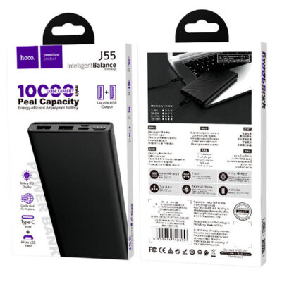 Juoda išorinė baterija Power Bank Hoco J55 10000mAh pakuotė su techninėmis specifikacijomis ir baterijos vaizdu