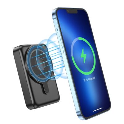 Juoda išorinė baterija Power Bank Hoco Q11 Magnetic 3-in-1 PD20W 10000mAh su magnetiniu bevieliu įkrovimu ir mėlynas telefonas