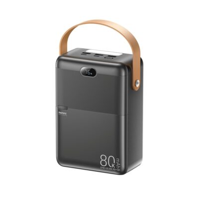 Juoda išorinė baterija Power Bank Remax RPP-118 su odiniu rankena ir LED ekranu