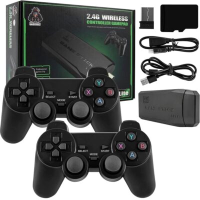 Juoda žaidimų konsolė Reach Retro Gaming RC-1 su dviem belaidžiais valdikliais ir priedais