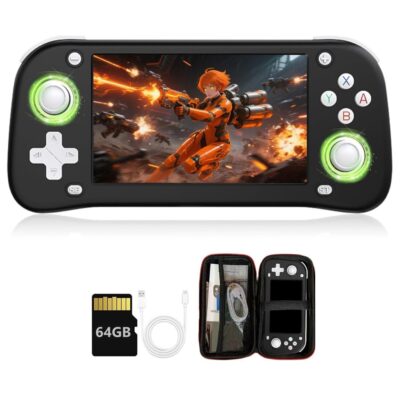 Juoda žaidimų konsolė Reach XF43 su žaidimu ekrane ir apšviestais valdiklių analoginiais lazdelių mygtukais