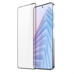 Juodais apvadais apsauginis stikliukas Xiaomi Redmi Note 14 5G telefonui matomas peršviečiamas su juodu apvadu
