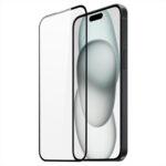 Juodais apvadais apsauginis stikliukas Dux Ducis Apple iPhone 15 Plus telefone su juodu rėmeliu
