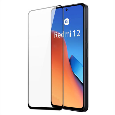 Juodais apvadais apsauginis stikliukas Xiaomi Redmi 12 ekranui su aiškiu stiklu ir juoda rėmeliu