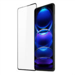 Juodais apvadais apsauginis stikliukas Xiaomi Redmi Note 12 Pro Plus 5G telefonui matomas su ryškiu ekranu ir plonu juodu rėmeliu