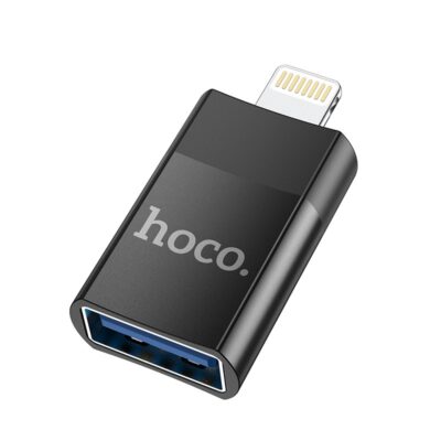 Juodas adapteris Hoco UA17 Lightning to USB-A su metaliniu korpusu ir plastikiniais elementais