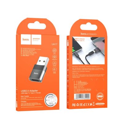 Juodas adapteris Hoco UA17 USB-A to Type-C mažas, modernus priedas su metalo ir plastiko apdaila