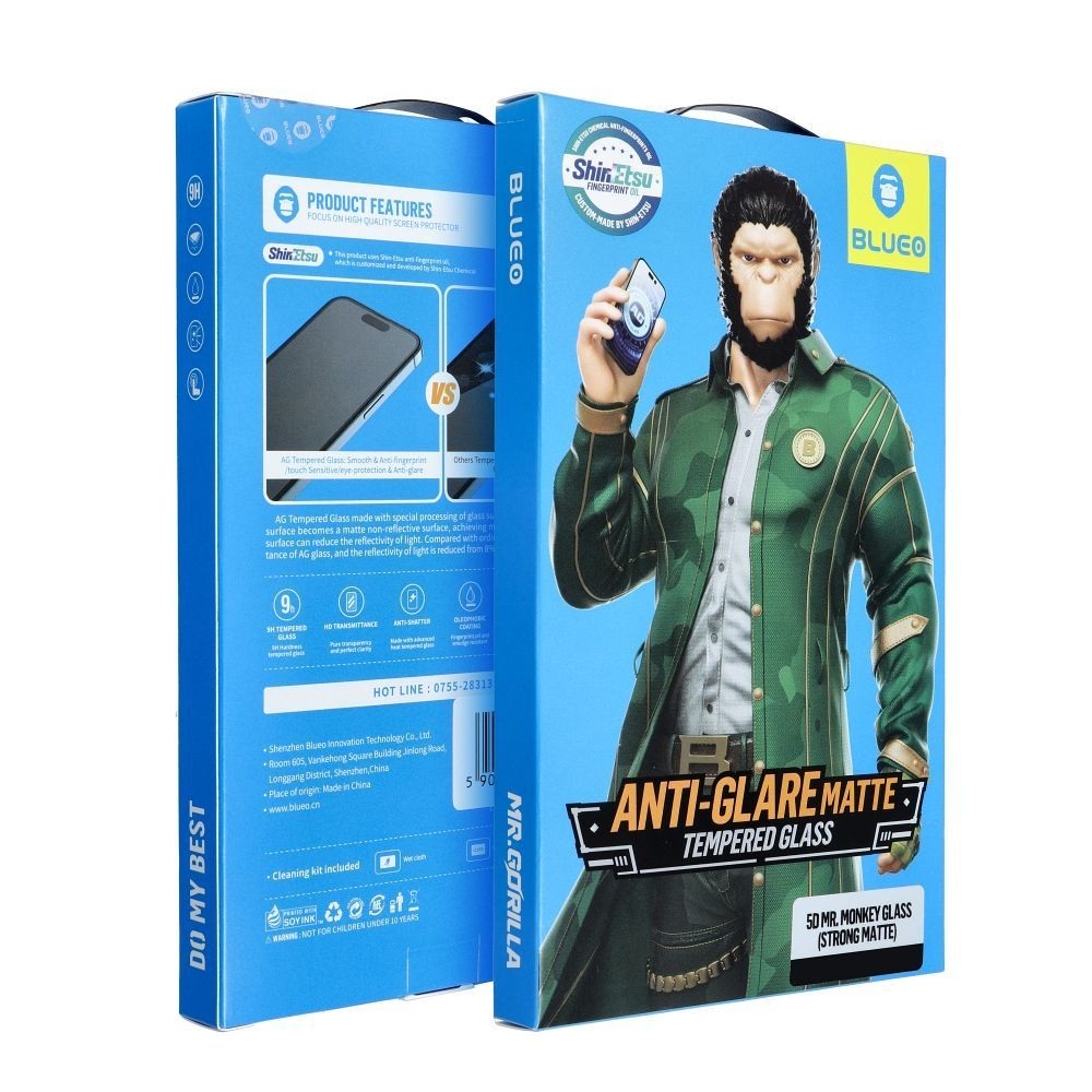 Juodas apsauginis stikliukas 5D Mr. Monkey Glass (Strong Matte) Apple iPhone 15 Pro Juodas apsauginis stikliukas 5D Mr. Monkey Glass (Strong Matte) Apple iPhone 15 Pro dėžutė su gorilos atvaizdu ir mėlyna spalva