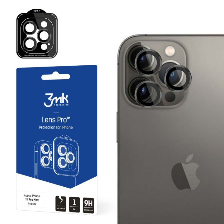 Juodas apsauginis stikliukas kamerai 3MK Lens Pro Apple iPhone 15 Pro Max Juodas apsauginis stikliukas kamerai 3MK Lens Pro Apple iPhone 15 Pro Max ant telefono kameros objektyvų