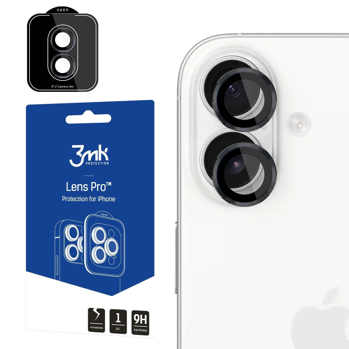 Juodas apsauginis stikliukas kamerai 3MK Lens Pro Apple iPhone 17 Juodas apsauginis stikliukas kamerai 3MK Lens Pro Apple iPhone 17 ant baltos spalvos iPhone telefono kameros
