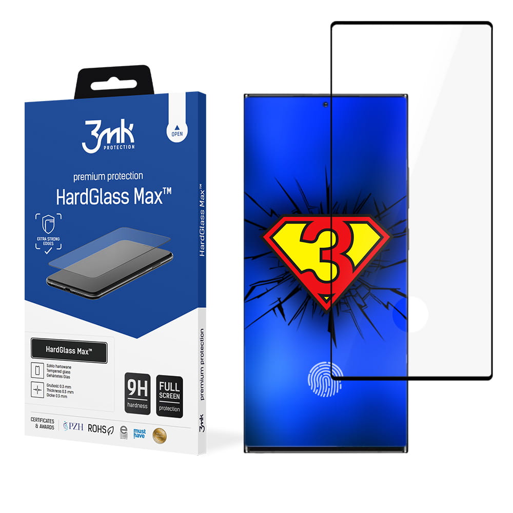 Juodas apsauginis stikliukas Samsung Galaxy S908 S22 Ultra 5G 3MK Hard Glass Max Finger Print Juodas apsauginis stikliukas Samsung Galaxy S908 S22 Ultra 5G Hard Glass Max Finger Print priekinės dalies ir pakuotės fone