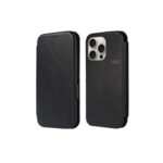 Juodas atverčiamas dėklas Apple iPhone 12 12 Pro HDD Classic Wallet matomas iš priekio ir nugarėlės