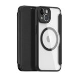 Juodas atverčiamas dėklas Apple iPhone 13 ir 14 su magnetu ir permatoma nugarėle.