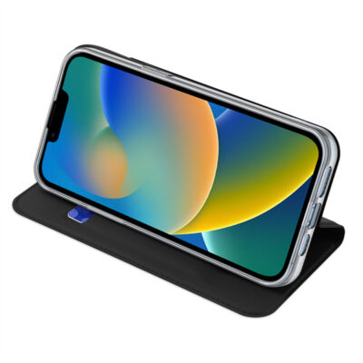 Juodas atverčiamas dėklas Apple iPhone 14 Plus Dux Ducis Skin Pro atidarytas stovo režimu