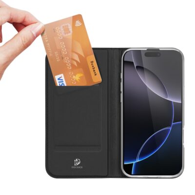 Juodas atverčiamas dėklas Apple iPhone 16 Pro Max su kortelės kišene