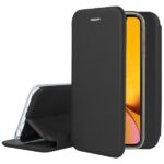 Juodas atverčiamas dėklas Apple iPhone XR su aiškia telefono laikymo dalimi