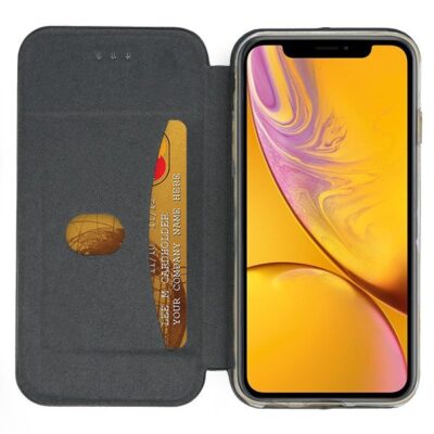 Juodas atverčiamas dėklas Apple iPhone XR su kortelių laikikliais