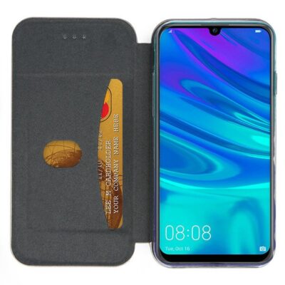 Juodas atverčiamas dėklas Huawei P Smart 2019 Honor 10 Lite Book Elegance su atidarytu viršeliu ir kreditine kortele kišenėje