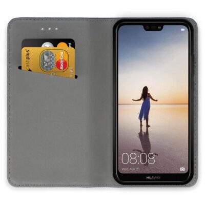 Juodas atverčiamas dėklas Huawei P20 Lite su kortelių laikikliu viduje