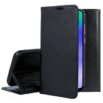 Juodas atverčiamas dėklas Huawei Y6P Smart Magnetic su matoma telefono dalimi ir išlenktas atidarytas dėklas