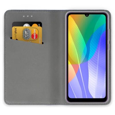 Juodas atverčiamas dėklas Huawei Y6P su kortelių laikikliu ir įdėtu telefonu