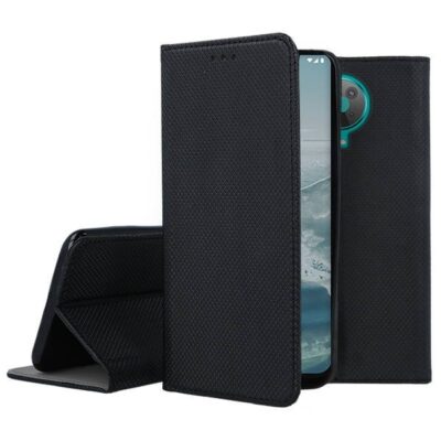 Juodas atverčiamas dėklas Nokia G20 Smart Magnet su tekstūruota išorine dalimi ir atverčiamu dizainu