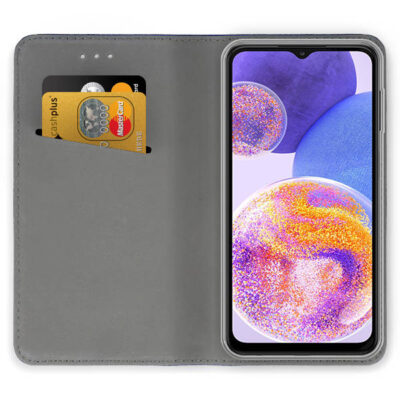 Juodas atverčiamas dėklas Samsung A235 A23 4G / A236 A23 5G Smart Magnetic su kortelių laikikliais viduje