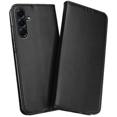 Juodas atverčiamas dėklas Samsung A566 A56 5G Smart Magnetic su matine tekstūra ir trimis kameros išpjovomis