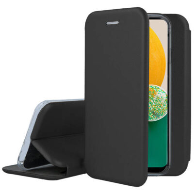 Juodas atverčiamas dėklas Samsung Galaxy A135 A13 4G Book Elegance telefone su atverstu dangteliu ir stovu